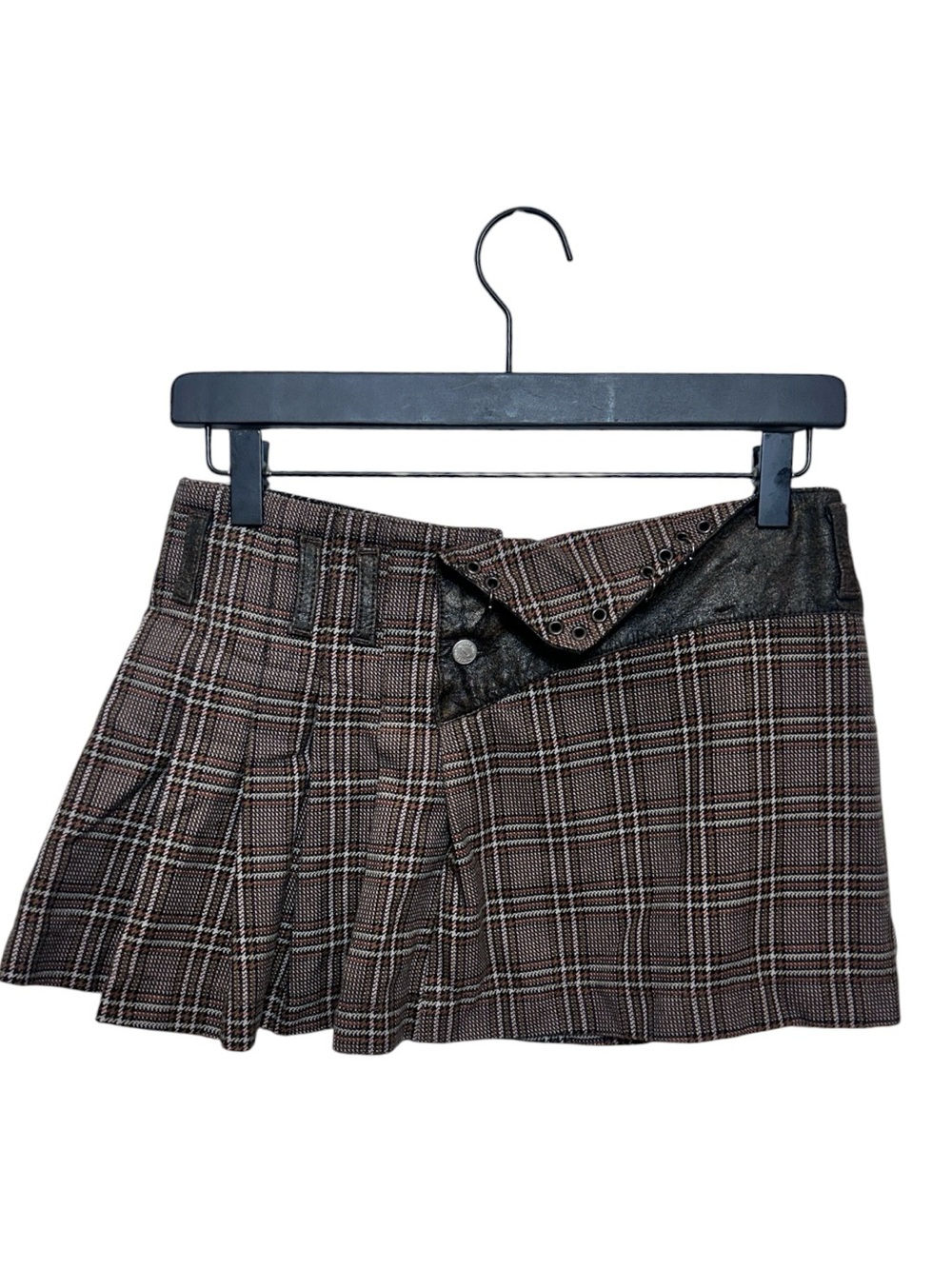 Y2K Plaid Mini Skirt with Pleated Detail - Brown Plaid and Piercings